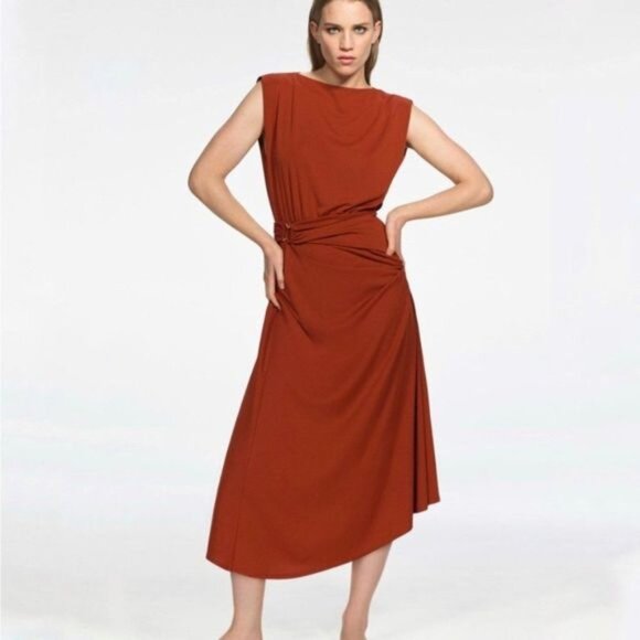 New With Tag Zara Belted Midi Dress Brown Size XL - Picture 1 of 9